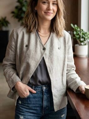 Nic + Zoe Size 16 Asymmetrical Shimmer Blazer Grey Champagne Lagenlook Boho Chic